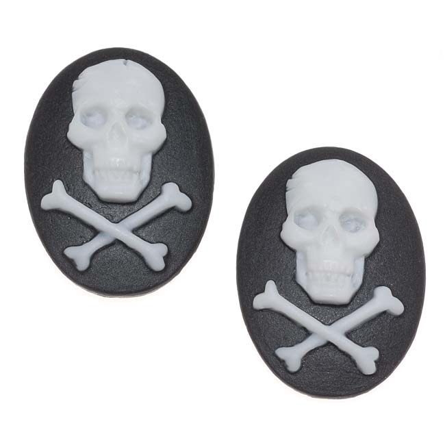 Vintage Style Lucite Oval Cameo Black & White Skull And Crossbones 25x18mm (2 pcs)