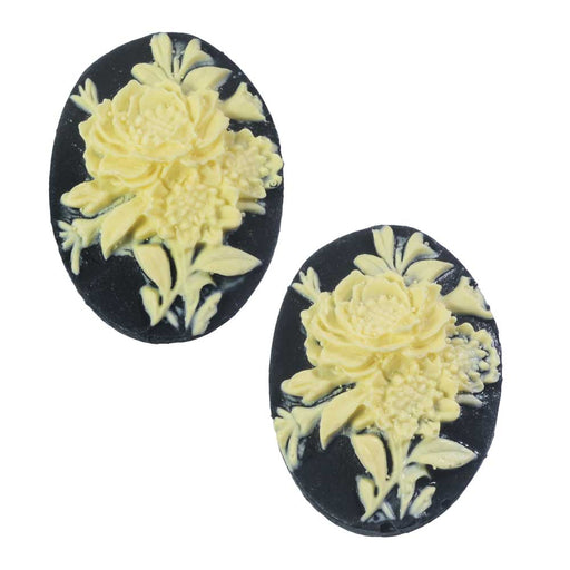 Vintage Style Lucite Oval Cameo Black With Ivory Rose Flowers 25x18mm (2 pcs)