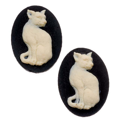 Vintage Style Lucite Oval Cameo Black With Ivory Cat 25 x 18mm (2 pcs)