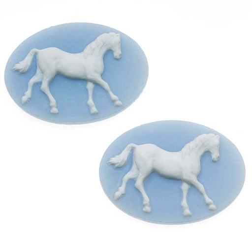 Vintage Style Lucite Oval Cameo Blue With White Horse 25 x 18mm (2 pcs)