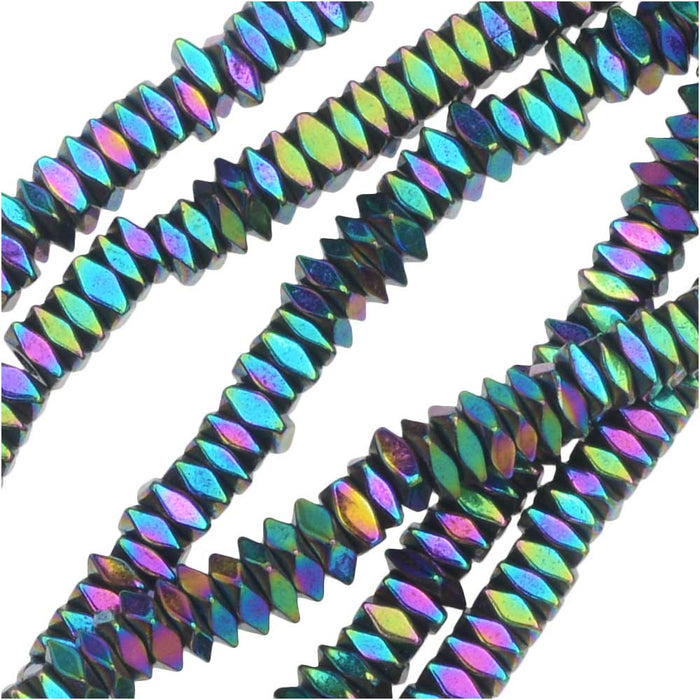 Gemstone Beads, Hematite, Diamond Cut Square 1x2mm, Metallic Rainbow (6 Inch Strand)