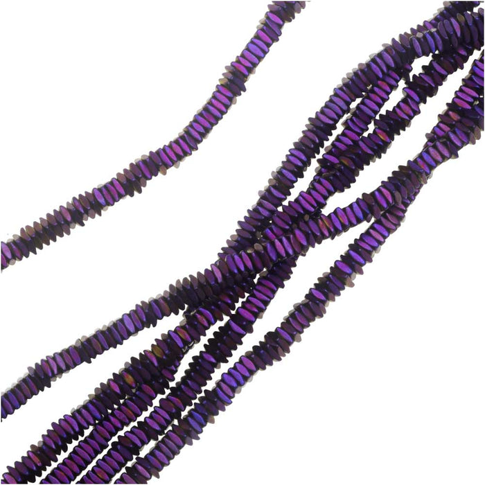 Gemstone Beads, Hematite, Diamond Cut Square 1x2mm, Matte Iridescent Purple (6 Inch Strand)