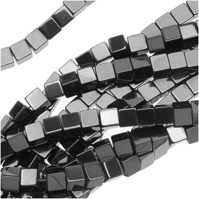 Gemstone Beads, Hematite, Square Cube 4mm, Metallic Gray (15.5 Inch Strand)
