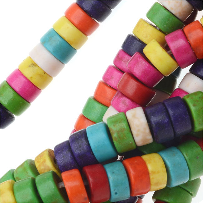 Gemstone Beads, Dyed Magnesite, Heishi Cylinder 3x6mm, Multi-Colored (15.5 Inch Strand)