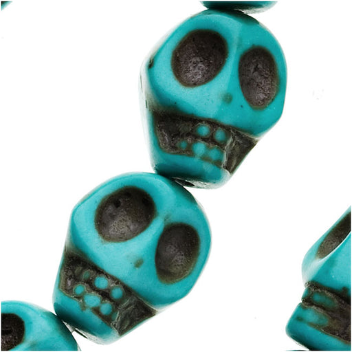 Gemstone Beads, Magnesite, Square Carved Skull 12x10mm, Dyed Turquoise (10 Pieces)