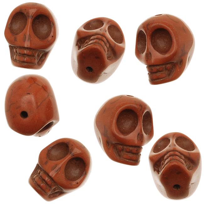 Gemstone Beads, Magnesite, Square Carved Skull 18x14mm, Dyed Reddish Brown (10 Pieces)