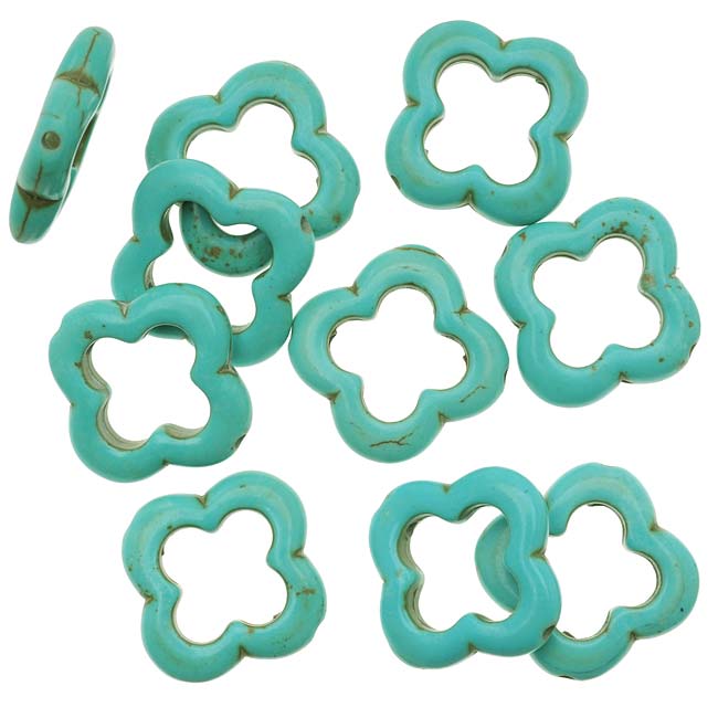 Gemstone Beads, Magnesite, Open Clover / Flower Shape 20mm, Dyed Turquoise Blue (10 Pieces)