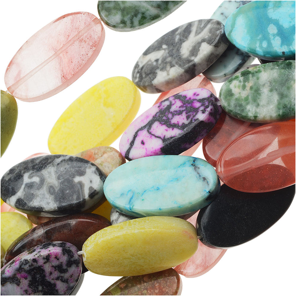 Gemstone Beads, Mixed Stones, Flat Oval 22x12mm, MultiColored (15 Inch