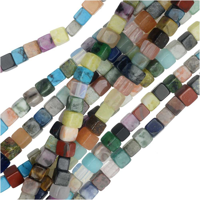 Gemstone Beads, Mixed Stones, Square Cube 4mm, Multi-Colored (15.5 Inch Strand)