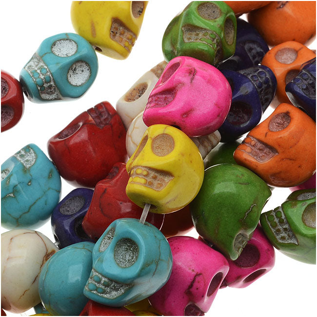 Gemstone Beads, Dyed Magnesite, Carved Mardi Gras Skull 12x10mm, Multi-Colored (20 Pieces)