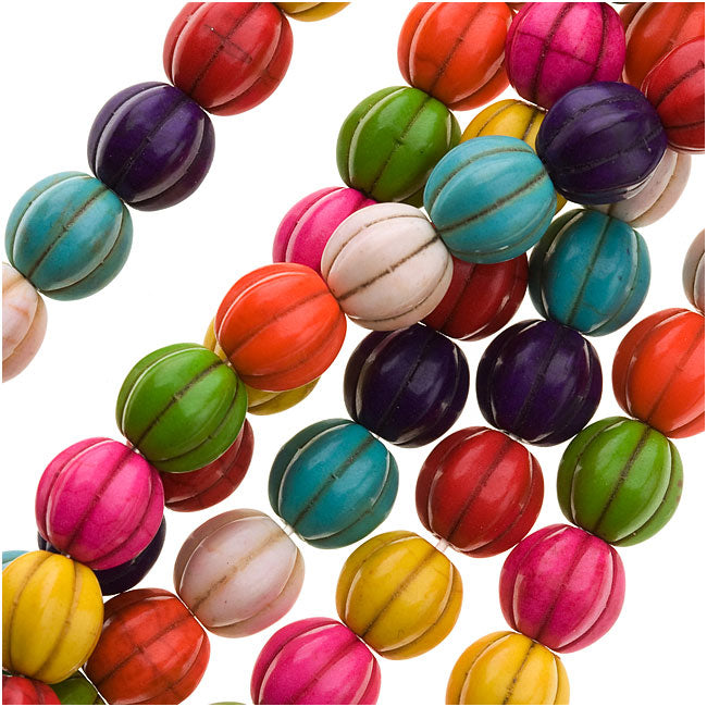 Gemstone Beads, Dyed Magnesite, Fluted Melon Round 10mm, Multi-Colored (15 Inch Strand)