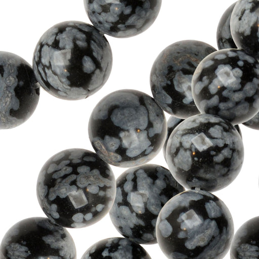 Gemstone Beads, Obsidian, Round 8mm, Black and White Snowflake (15 Inch Strand)