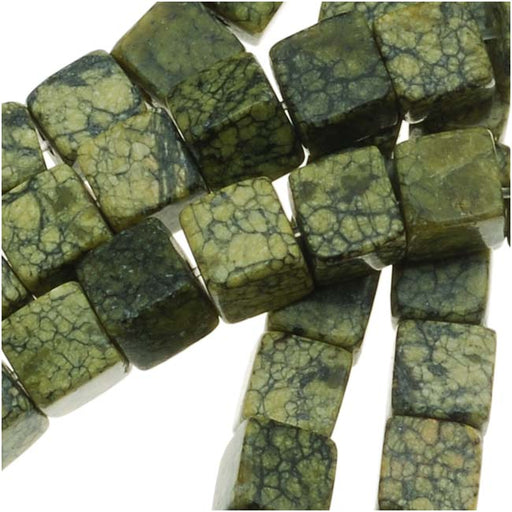 Gemstone Beads, Serpentine, Square Cube 4mm, Russian Jade Green (15.5 Inch Strand)