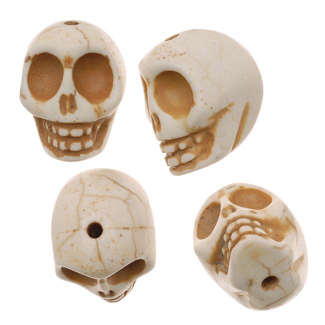 Gemstone Beads, Turquoise, Square Carved Skull 21x17mm, White (10 Pieces)