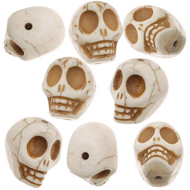 Gemstone Beads, Turquoise, Square Carved Skull 18x14mm, White (10 Pieces)
