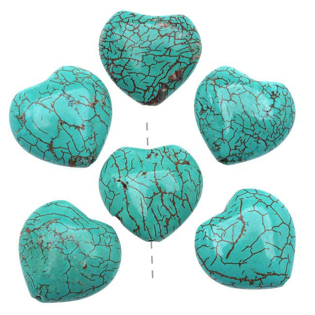 Gemstone Beads, Turquoise, Heart Shaped Focal 18mm, Stabilized Blue (6 Pieces)