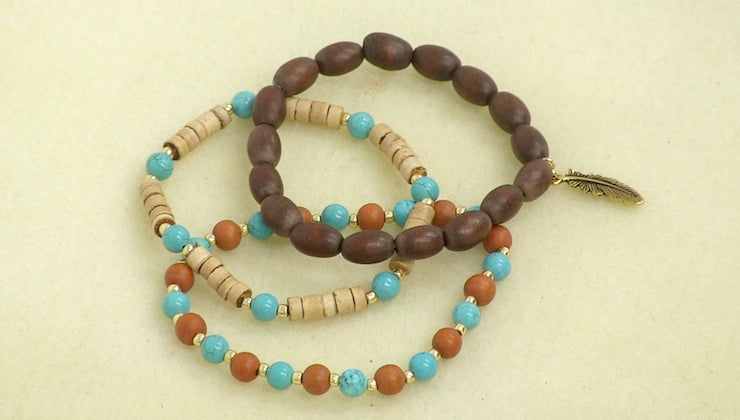 Gemstone and wood bead stretch bracelet DIY reference