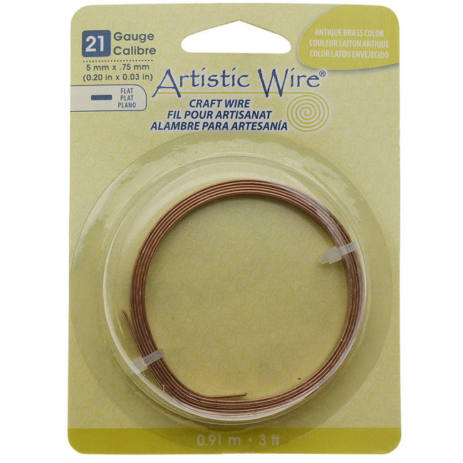 Artistic Wire, Flat Craft Wire 5mm 21 Gauge Thick, 3 Foot Coil, Antiqued Brass