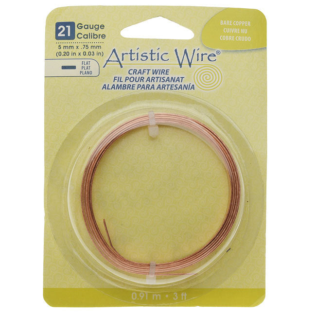 Artistic Wire, Flat Craft Wire 5mm 21 Gauge Thick, 3 Foot Coil, Bare Copper