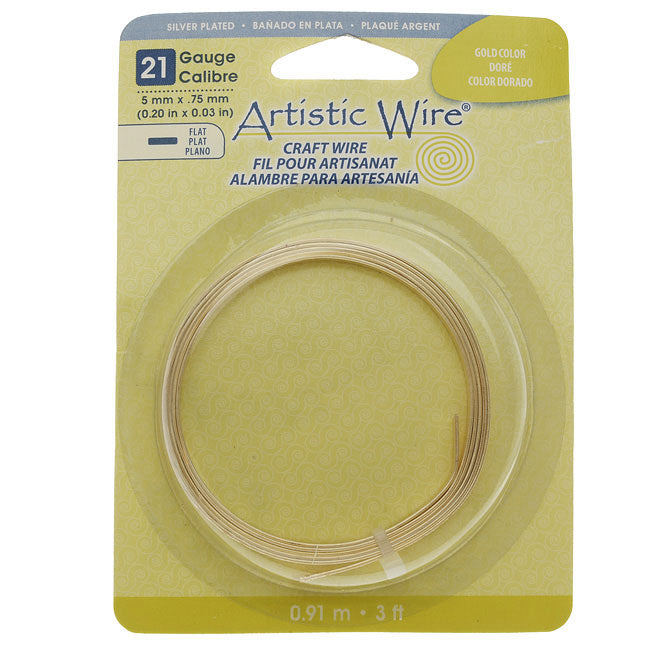 Artistic Wire, Flat Craft Wire 5mm 21 Gauge Thick, 3 Foot Coil, Gold Color