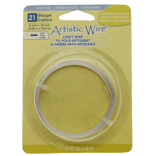 Artistic Wire, Flat Craft Wire 5mm 21 Gauge Thick, 3 Foot Coil, Tarnish Resistant Silver