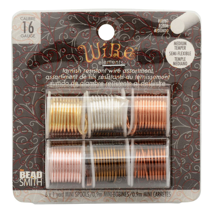 Wire Elements, Tarnish Resistant Copper Wire, 16 Gauge 1 Yard Each (.091 Meters), 6 Spool Pack, Assorted Finishes
