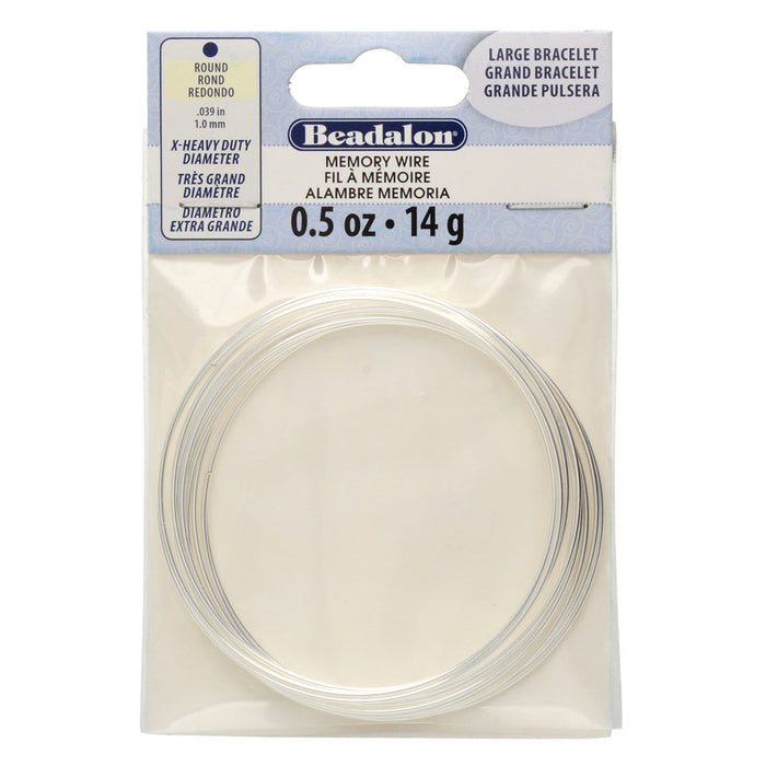 Memory Wire, Bracelet Round Size Large, 1mm (.039") Thick /  2.50 Inch Diameter, 9 Loops, Silver Plated