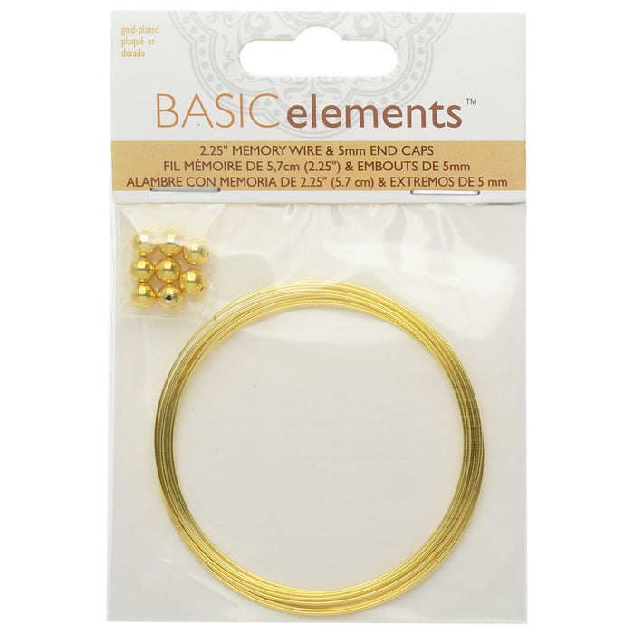 Memory Wire And End Caps Set, Bracelet Round Size Medium 2.25 Inch Diameter, 12 Loops, Gold Plated
