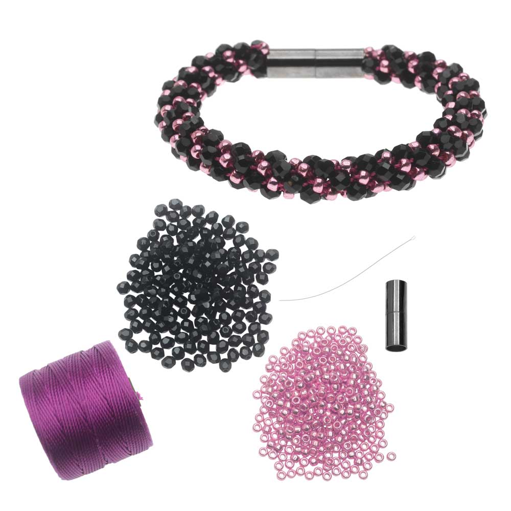 Refill - Deluxe Spiral Beaded Kumihimo Bracelet - Black & Pink  - Exclusive Beadaholique Jewelry Kit