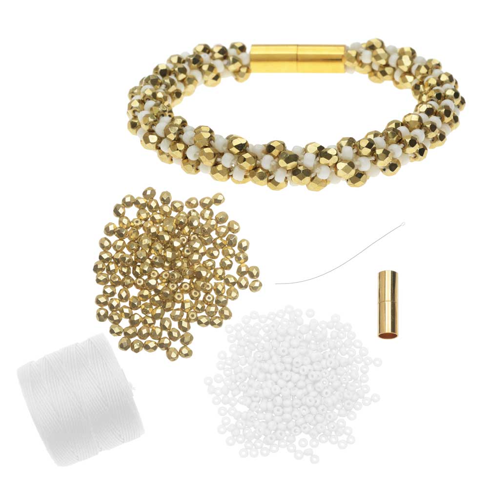 Refill - Deluxe Spiral Beaded Kumihimo Bracelet - White & Gold - Exclusive Beadaholique Jewelry Kit