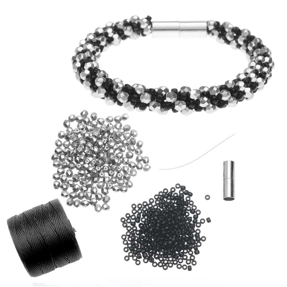 Refill - Deluxe Spiral Beaded Kumihimo Bracelet -Black & Silver- Exclusive Beadaholique Jewelry Kit