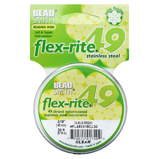 Beadsmith Flex-Rite Beading Wire, 49 Strand .018 Thick, 30 ft Spool, Clear