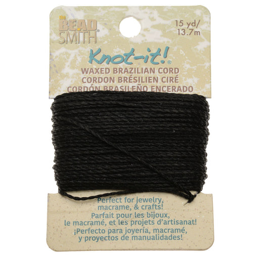 Knot-It Waxed Brazilian Cord, 2-Ply Polyester 0.7mm Thick, Black (15 Yards)