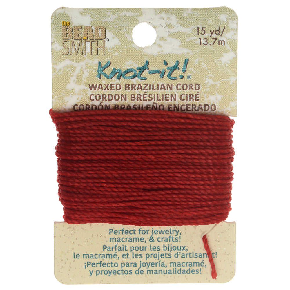 Knot-It Waxed Brazilian Cord, 2-Ply Polyester 0.7mm Thick, Crimson (15 Yards)