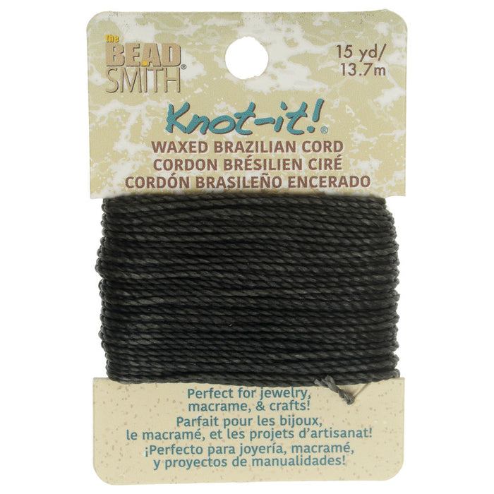 Knot-It Waxed Brazilian Cord, 2-Ply Polyester 0.7mm Thick, Dark Grey (15 Yards)
