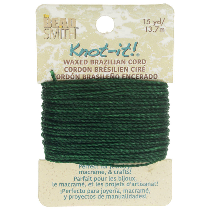 Knot-It Waxed Brazilian Cord, 2-Ply Polyester 0.7mm Thick, Evergreen (15 Yards)