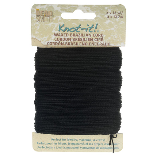 Knot-It Waxed Brazilian Cord, 2-Ply Polyester 0.7mm Thick, Four 15 Yard Bundles, Black