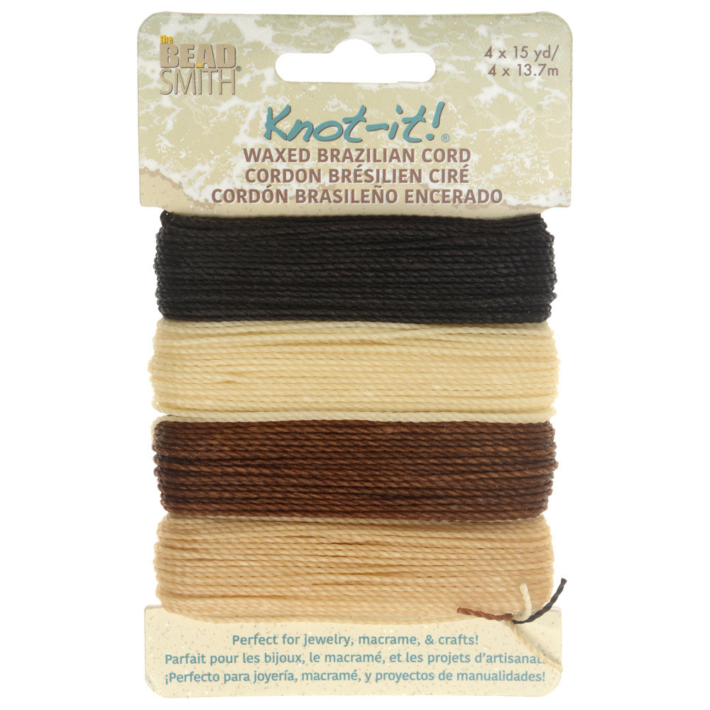Knot-It Waxed Brazilian Cord, 2-Ply Polyester 0.7mm Thick, Four 15 Yard Bundles, Java Vibes