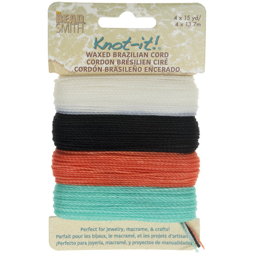 Knot-It Waxed Brazilian Cord, 2-Ply Polyester 0.7mm Thick, Four 15 Yard Bundles, Ocean Dreams