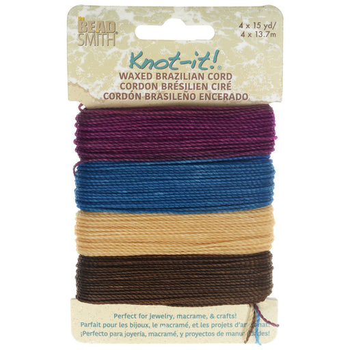 Knot-It Waxed Brazilian Cord, 2-Ply Polyester 0.7mm Thick, Four 15 Yard Bundles, Adventures Calling