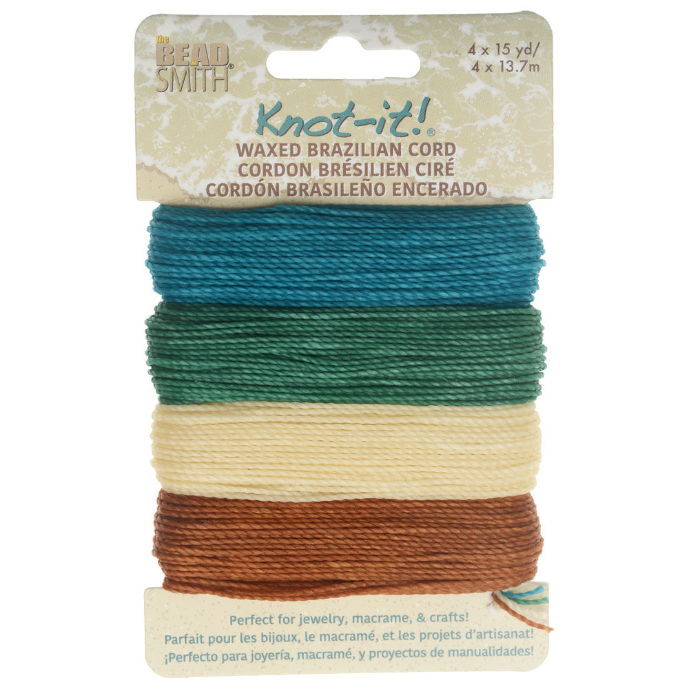 Knot-It Waxed Brazilian Cord, 2-Ply Polyester 0.7mm Thick, Four 15 Yard Bundles, Beach N' Sea