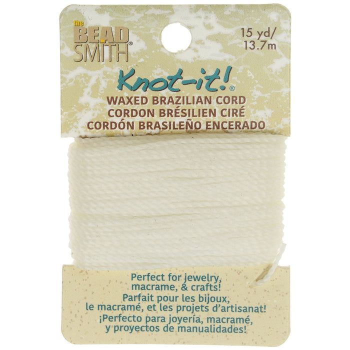 Knot-It Waxed Brazilian Cord, 2-Ply Polyester 0.7mm Thick, White (15 Yards)