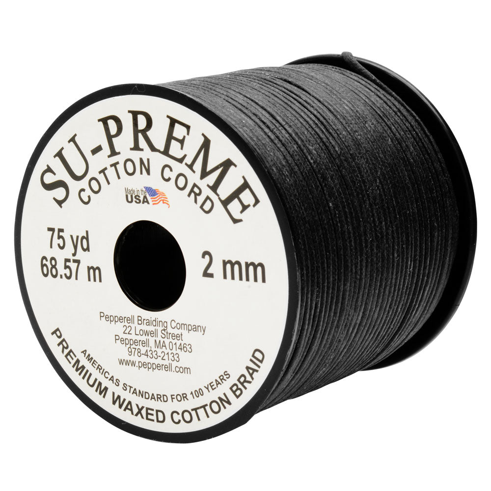Su-Preme Waxed Cotton Cord, Round 2mm Thick, 75 Yards Meters), Black