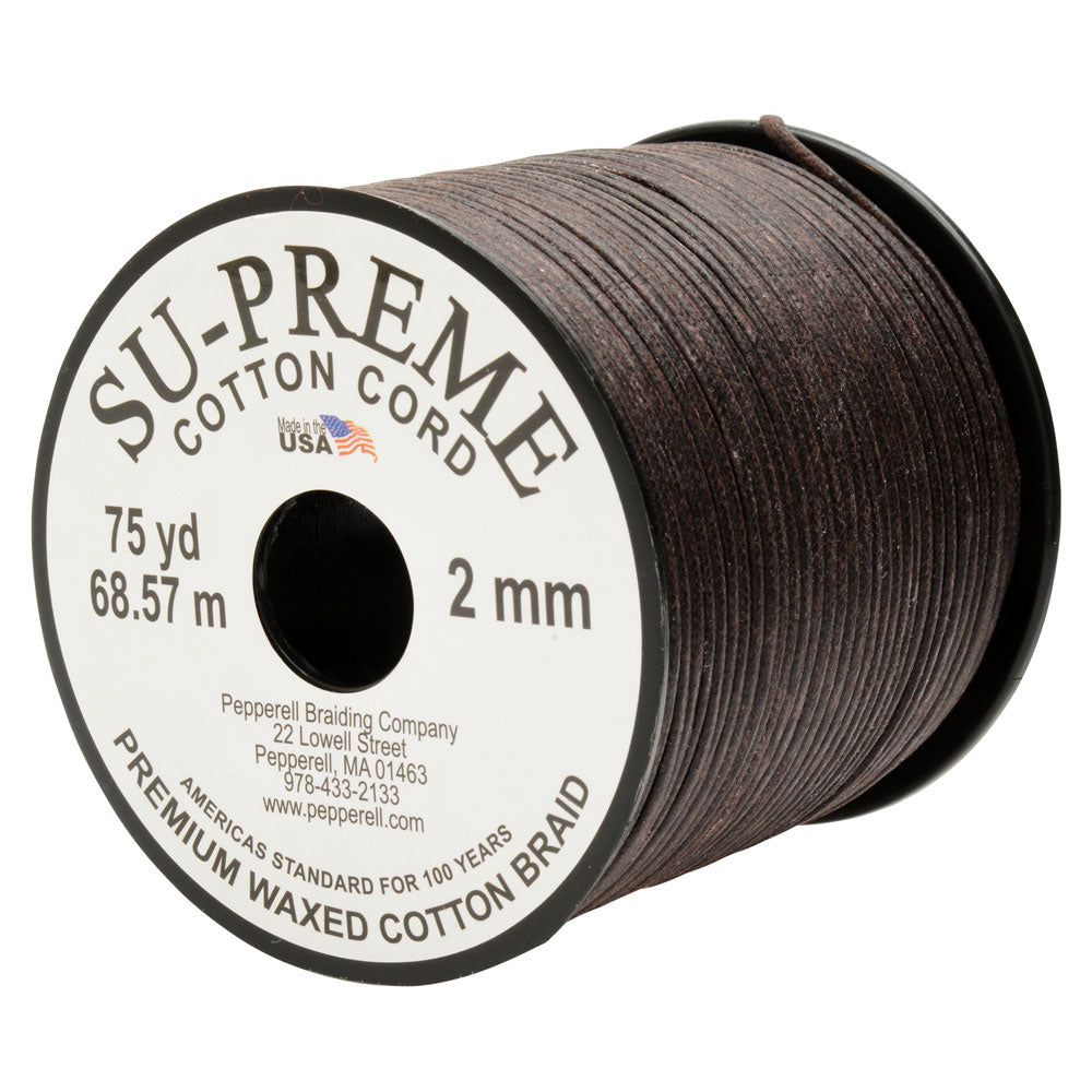 Su-Preme Waxed Cotton Cord, Round 2mm Thick, 75 Yards (68.5 Meters), Brown