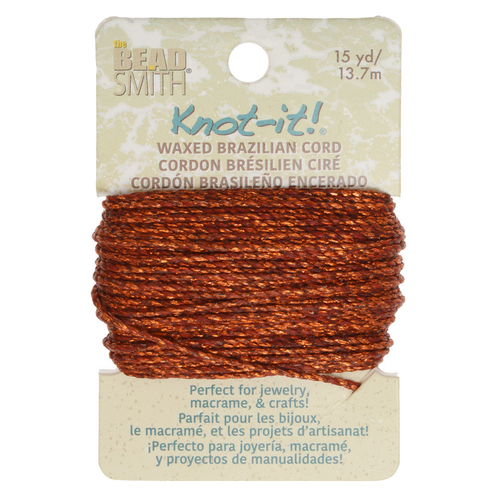 Knot-It Waxed Brazilian Cord, 2-Ply Polyester 0.7mm Thick, Metallic Copper (15 Yards)