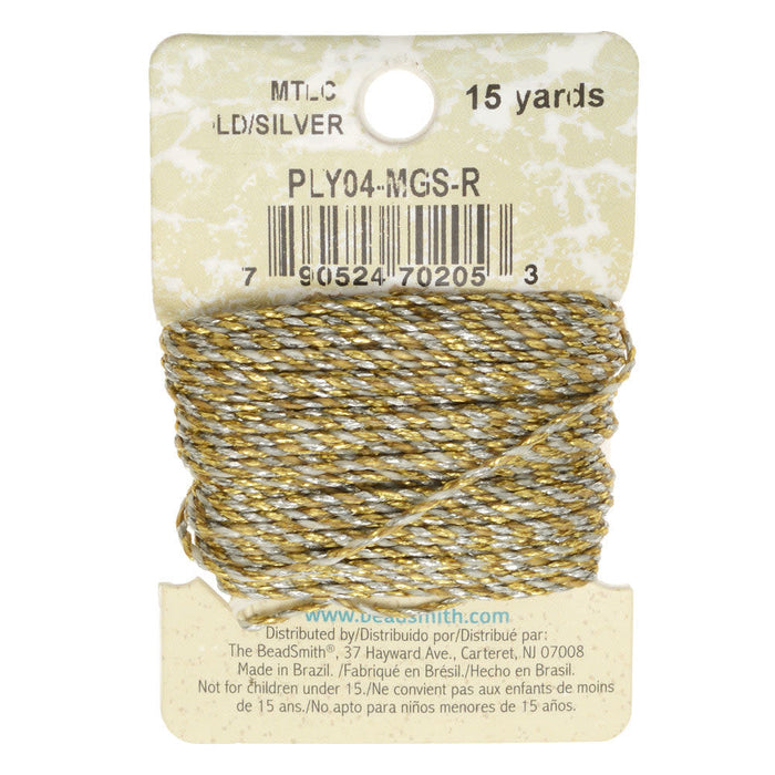 Knot-It Waxed Brazilian Cord, 2-Ply Polyester 0.7mm Thick, Metallic Gold & Silver Mix (15 Yards)