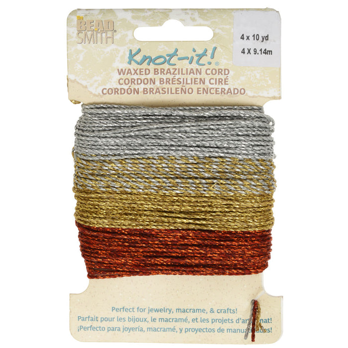 Knot-It Waxed Brazilian Cord, 2-Ply Polyester 0.7mm Thick, Four 10 Yard Bundles, Assorted Metallics