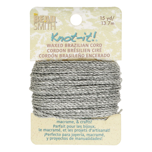 Knot-It Waxed Brazilian Cord, 2-Ply Polyester 0.7mm Thick, Metallic Silver (15 Yards)