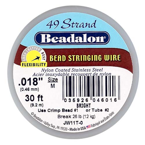 7 Strand Stainless Steel Bead Stringing Wire, .018 in / 0.46 mm, Bright, 30  ft / 9.2 m