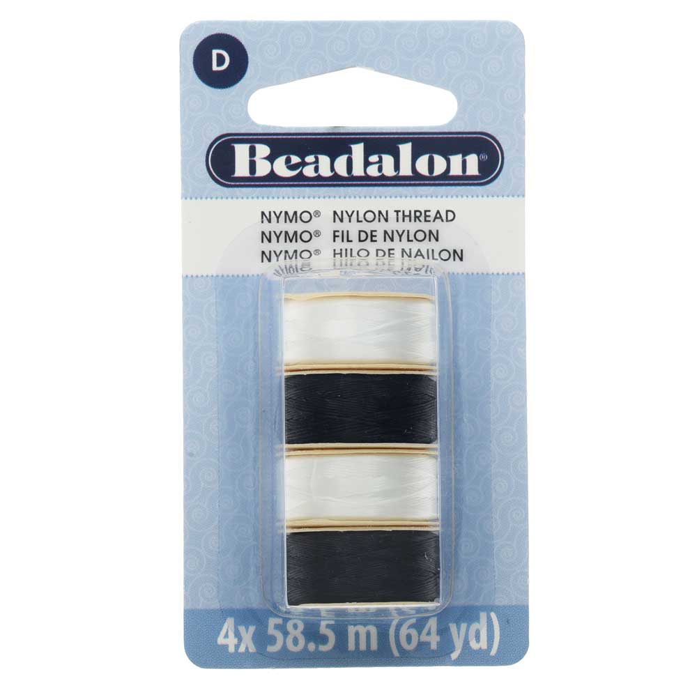 Nymo Nylon Bead Thread Variety Pack, Size D / 0.30mm / .012", Four 64-Yard Spools, Black & White